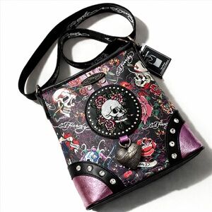 Ed Hardy Skull Rose Tattoo Crossbody Bag Pink Studded Rhinestone Heart Charm NWT